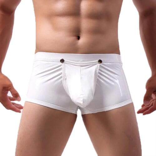 Men Boxer Shorts Lingerie Button Open Crotch Panties PU Leather Gay Panties Latex Shiny Clubwear Underwear Boxershorts Plus Size