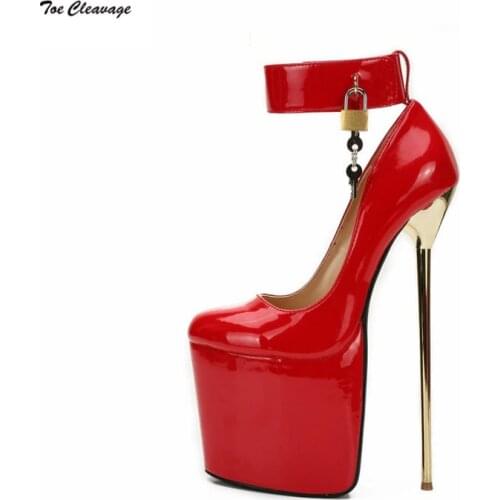 Plus:40-47 48 49 50 Crossdresser Sexy Stiletto Round Toe Platform shoes women 22cm metal thin heels Pumps Padlock zapatos mujer