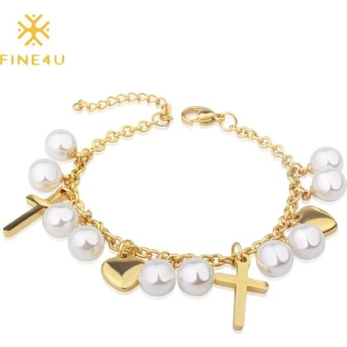 FINE4U B174 New Cross Pearl Charms Bracelet Gold Color Stainless Steel Link Chain Bracelets Christian Jewelry