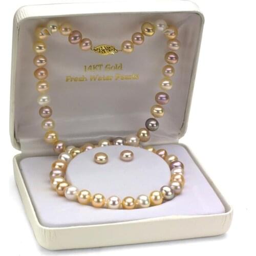 Elegant 9-10mm south sea round pink multicolor pearl necklace 18inch earring