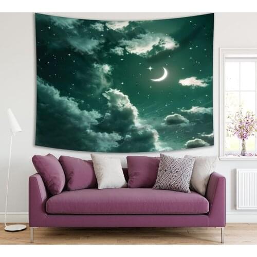 Tapestry Clouds Shining Stars and New Moon Lunar Month Nature Fantasy Digital Artwork Printed Green White