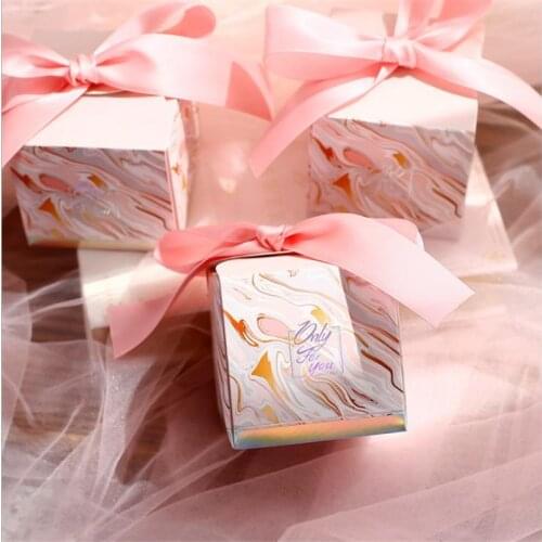 Hot stamping marbling box with ribbon for Baby Shower Candy diy Wedding Birthday Party gift box for Guests Bomboniera favor Box