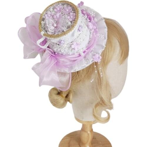 Lolita Ruffled Lace Bow Pendant Tea Party Bonnet Cap Hair Clip Gorgeous Tea Party Hat Hairpins Cosplay Accessories