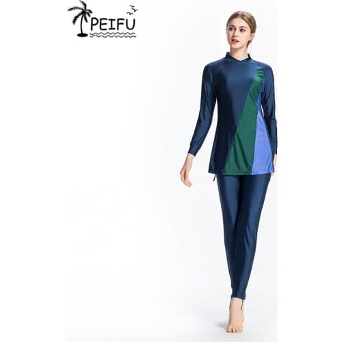 PEIFU Swimsuit New Burkini Long Sleeve Muslimah Bathing Suit Women Islamic Habit Femme Burkinis Patchwork Color Muslim S-4XL