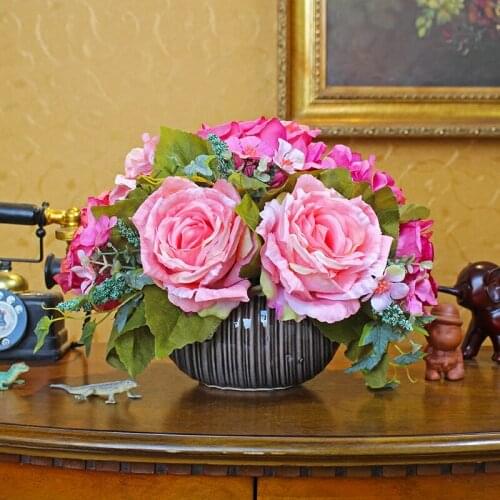 European Ceramic Vase+Artificial Flower Set Ornaments Home Livingroom Silk Fake Flower Figurines Craft Office Desktop Decoration