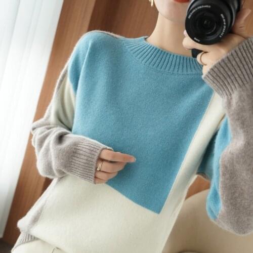 2020 New Cashmere Sweater Womens O-Neck Color Matching 100% Pure Wool Cardigan Fashion Plus Size Warm Knitted Bottoming Shir