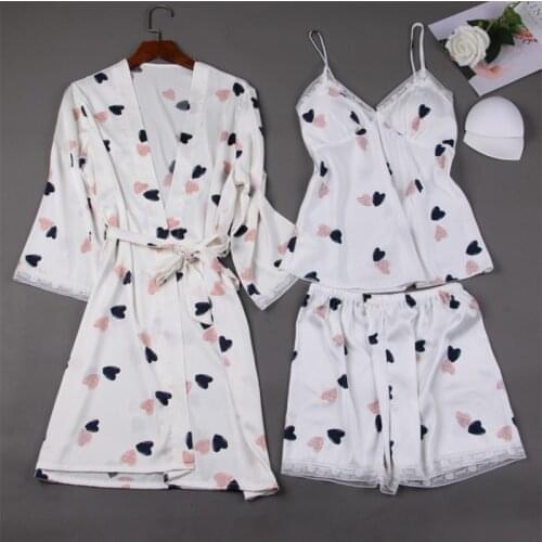 JULYS SONG 2020 Spring Summer Womens Pajamas Set Faux Silk Sleepwear Heart Printed Satin Nightgown 3PCS Lace Slings Shorts