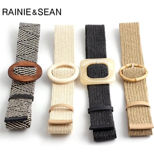 RAINIE SEAN Bohemian Straw Braided Wide Belt for Women Wood Buckle Ladies Dress Belt Fashion Female Strap Accessories