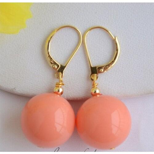 Free shipping >>>>>>z6543 14MM ROUND PINK CORAL SOUTH SEA SHELL PEARL DANGLE EARRING NEW-/20