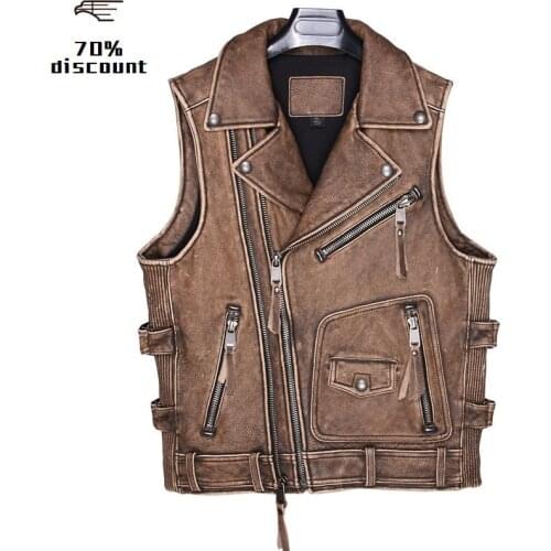 2020 Vintage Brown Men American Style Bikers Leather Vest Plus Size 6XL Genuine Thick Cowhide Autumn Short Motorcycle Leather V