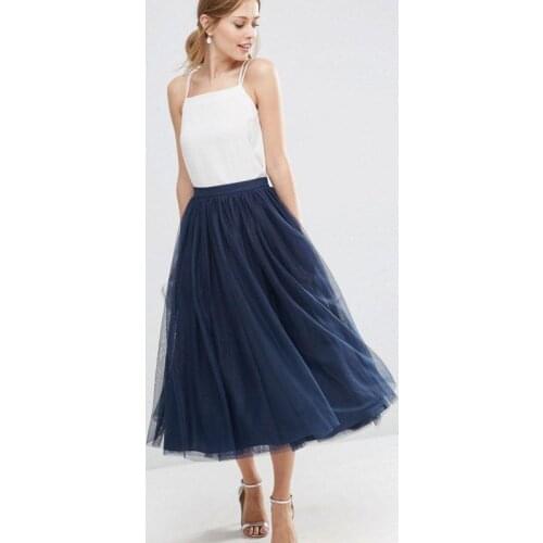 New 5 Layers Maxi Tulle Skirt High Waist A Line Dark Blue Mid-Calf Tutu Skirts Womens Vintage 2017 Summer faldas saia jupe