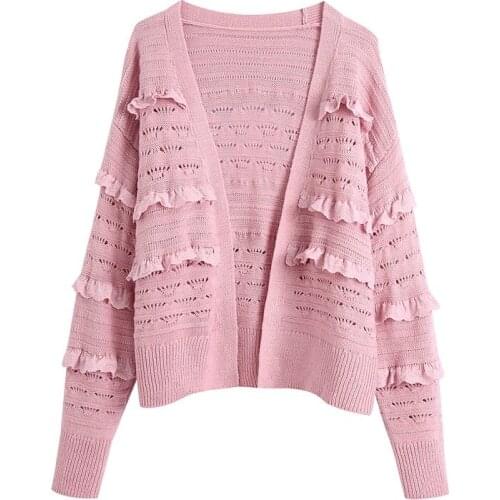 MESTTRAF Women 2021 Fashion Hollow Out Embroidery Ruffled Cardigan Sweater Vintage Long Sleeve Female Outerwear Streetwear