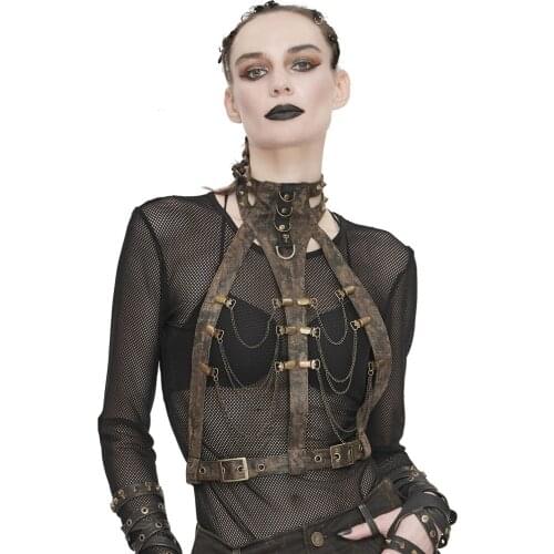 Sleeveless Ladies Vest Steampunk Women Motorcycle Brown Hollow Vest PU Suit Belt Accessories Vest Steampunk