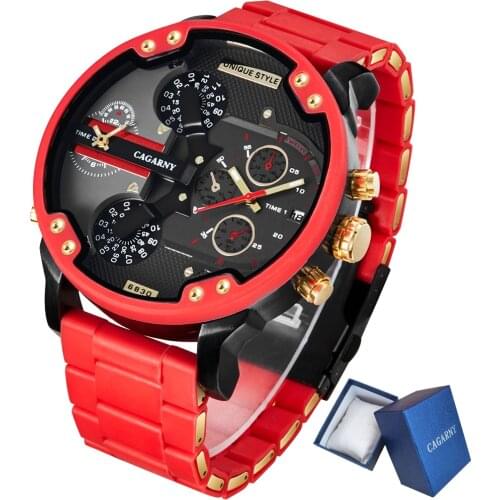 Gold Watch Men Luxury Brand Famous Dual Time Military Relogio Masculino 57mm 3D Large Case Quartz Mens Watches Red Male Clock