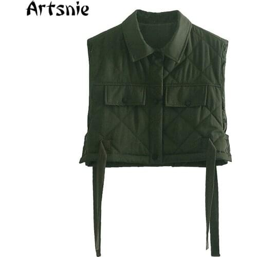 Artsnie Spring 2021 Argyle Vest Women Streetwear Casual Turn Down Collar Pockets Vest Coats Cotton Thin Ladies Crop Vest Coats
