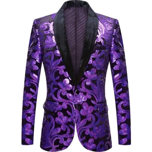 Purple/Blue/Gold/Green Sequins Glitter Men Velvet Blazer Singer Host Stage Costume Plus Size Nightclub Wedding Prom Suit Jacket