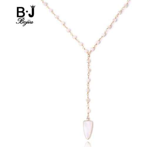 BOJIU Multilayer Bohemian Long Statement Necklaces Women Abalone Shell Ivory Oxhead Triangle Oval Glass Pendant Necklace NKS222