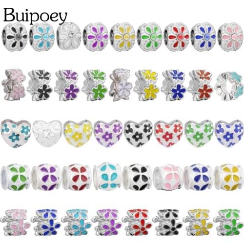 Buipoey 2pcs Daisy Flower Beaded 9 Color Enamel Flower Beads Lucky Charm Fit Brands Charms Bracelets Diy Women Jewelry Making