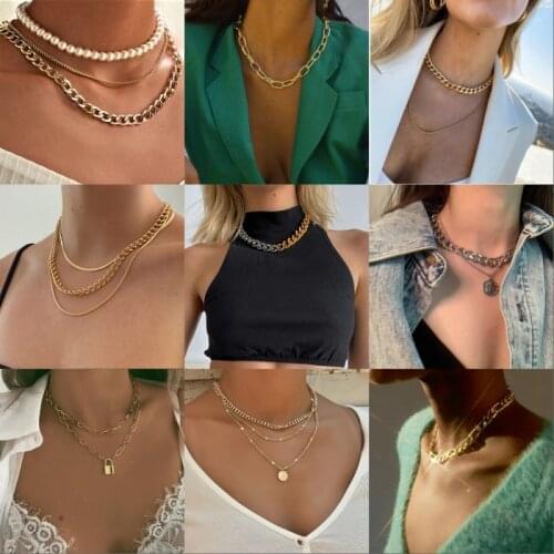 HOCOLE Vintage Multilayer Chain Lock Pendant Necklace For Women Fashion Gold Coin Pearl Chokers Sweater Necklaces Jewelry Gift