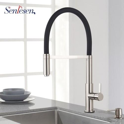 Senlesen Chrome Brass Kitchen Faucet Spring Hose Double Spout Pull Down Single Handle Vessel Sink Kitchen Mixer Taps