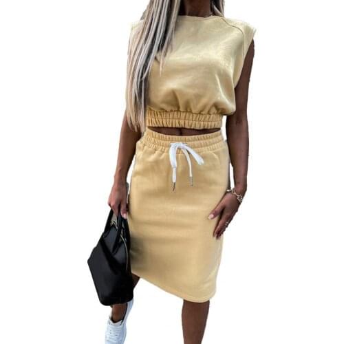 Women Set With Skirt Solid Slim Ladies Skirts Suit Sleeveless Sweatshirt Crop Tops And Split Lace Up Bottom 2021 Summer Fashion