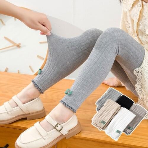 Girls' Lace Cropped Pants Summer Thin Section Pure Cotton Spring/Summer Green Bowknot Wide Strip Children Slim Leggings