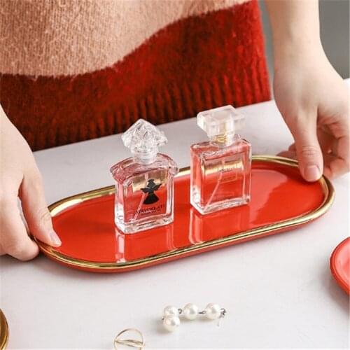 Nordic Metal Storage Tray Gold Oval Ceramic Fruit Plate Jewelry Display Mirror Organizer Snack Dish Tray Home Decoration