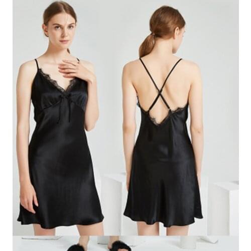 Women New 100% Mulberry Silk Women Black Silk Nightdress Ladies Plus Size Solid Color Spring And Summer CoolNightgown