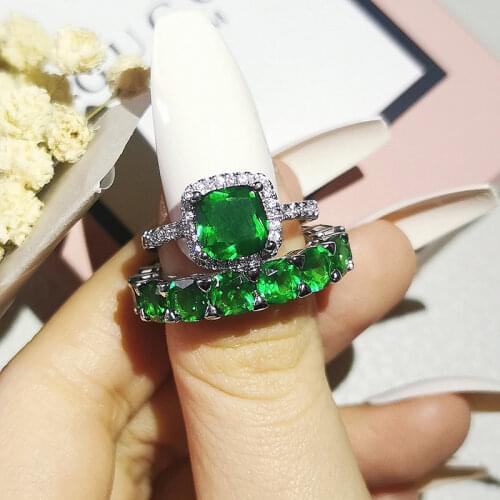 Cushion Cut CZ 925 Sterling Silver Wedding Ring Set For Women Bride Engagement Fashion Jewelry Bands Eternity Gift R6032-Green