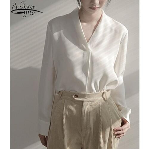 Office Lady Chiffon Shirts Women 2021 Spring Autumn White Blouse Women Long Sleeve V Neck Vintage Tops Female Clothing 12609