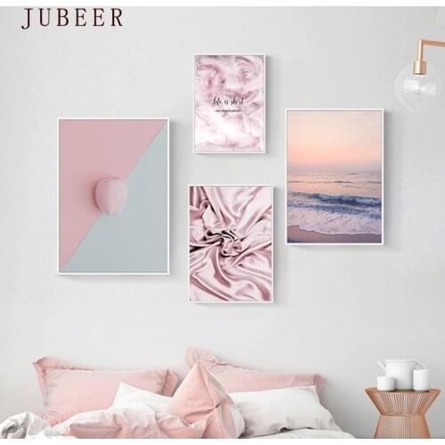 Nordic Ins Pink Feather Canvas Art Landscape Bedroom Bedside Poster and Print Living Room Beach Decoration Painting
