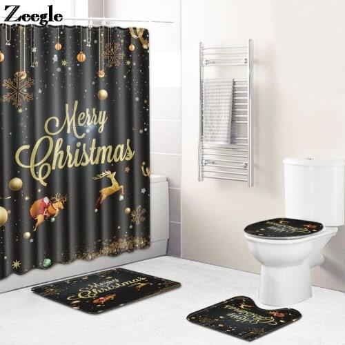 Christmas Bath Mat and Waterproof Shower Curtain Set Anti Slip Toilet Mat Memory Foam Toilet Seat Cover Mat Absorbent Foot Rug