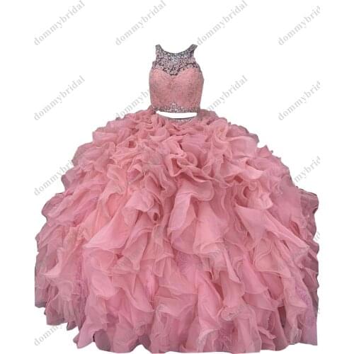 Pretty Dusty Pink Two Piece Quinceanera Dresses Ball Gown Sheer Neck Lace Rhinestones Puffy Skirt Sweet 15 16 Prom Homecoming