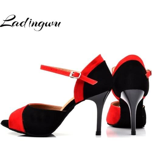 Ladingwu New Flannel Latin Dance Shoes Classic Red and Black With Ballroom Dancing Shoes Salsa Dance Shoes High Quality Heel
