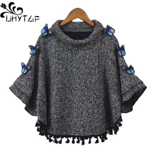 UHYTGF Spring Autumn Jacket Women Cloak Shawl Elegant Female Short Tops Coat Bat Sleeve Tassel Casual Plus Size Outerwear 1366