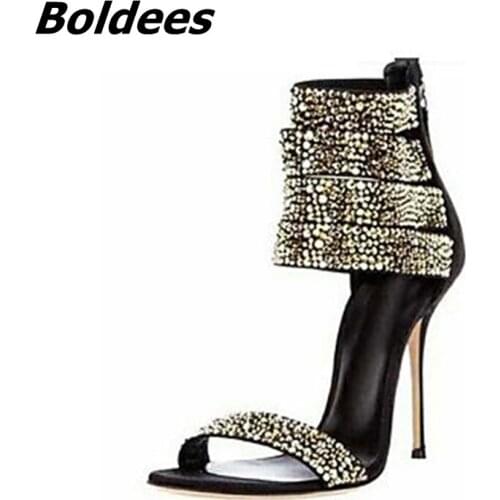 Gorgeous Glittery Black PU Leather Stiletto Heeled Sandals with Rhinestone Straps Elegant Ankle Wrap Dress Shoes Woman