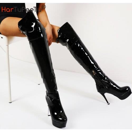 Over the Knee Boots Women 2021 Autumn Winter Glossy Patent Leather Fashion Shoes Short Plush 3cm Platform High Heels Size 34~50