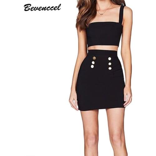 Women Bandage Dress 2020 New Fashion Black White Spaghetti Strap Buttons Two Piece Set Elegant Summer Party Dress Vestidos