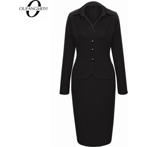 Women Formal Turn-Down Collar Bodycon Brief Buttons Elegant Office Lady Dress EG749