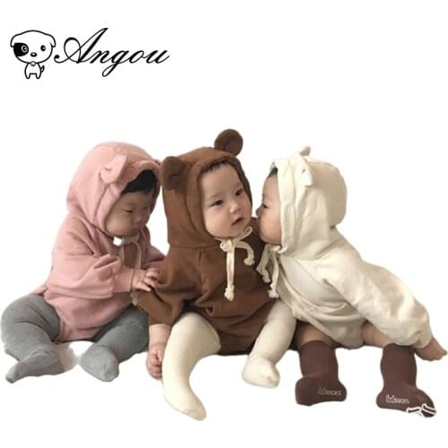 Angou Winter Baby Girl Hooded Romper Cute Bear Ears Bodysuits Thick Long Sleeves Spring Autumn Pure Color Infant Baby Clothes