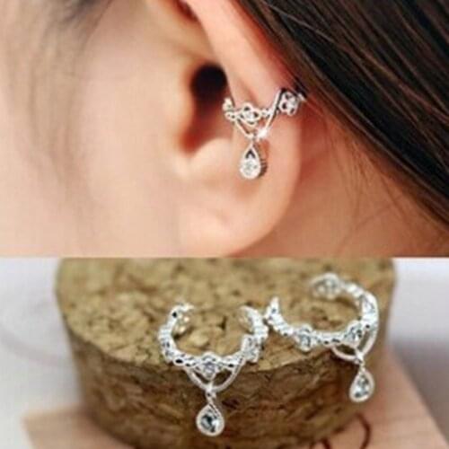 1 Pair Elegant Women Crystal Rhinestone Water Drop Pendant Ear Cuff Wrap Clip Cartilage Earrings Piercing Jewelry