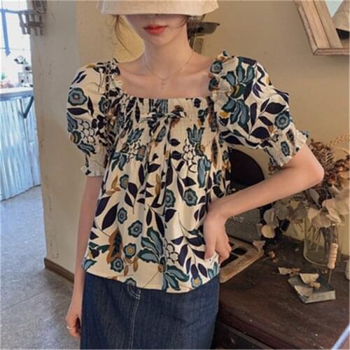 2020 New Arrivals Floral Print Summer Shirt for Ladies Square Collar Puff Sleeve Female Blouses Fashion Elegant Womens Tops