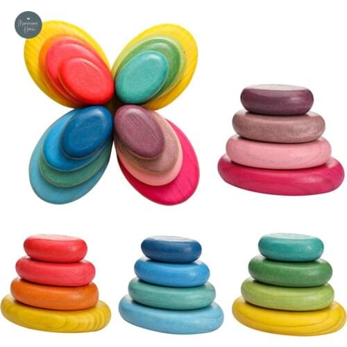4 PC/Set Wooden Stones Montessori Toy Rainbow Cobblestone Jenga Building Block Nordic Style Stacking Game Educational Toys Gift