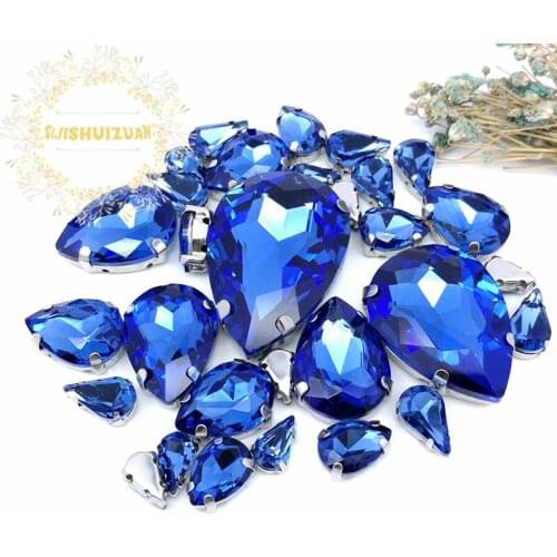8 SIZES 35PCS Free shipping! Light Sapphire Water drop shape Glass Crystal sew on rhinestones with calw Diy wedding decoration
