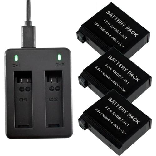 3X AHDBT-401 1600mAh Li-ion Battery + USB Charger for GoPro HD HERO4 Black & Silver Digital Action Camera Accessories