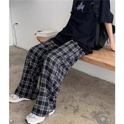 HOUZHOU Vintage Plaid Pants Women Oversize Loose Wide Leg Checked Trousers Teens Straight Hip Hop Streetwear Korean Fashion