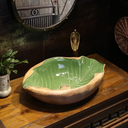 Jingdezhen bathroom porcelain green leaf shape lavabo on the countertop lavabo bathroom lavabo lavabo on the dresser