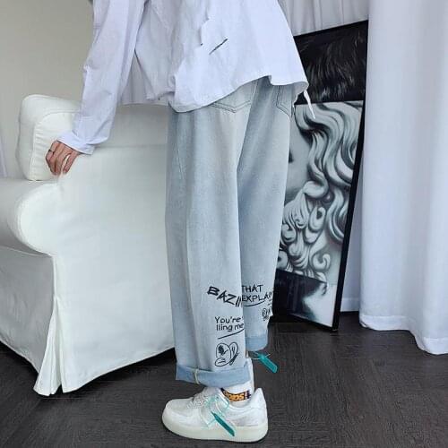 Women Jeans light color jeans women autumn loose fit students wide leg pants Japanese fashion brand graffiti straight pants