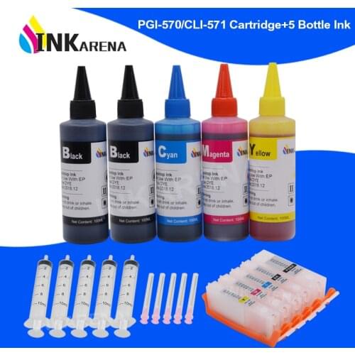 INKARENA 500ml Bottle Ink + PGI-570 CLI-571 XL Printer Ink Cartridge For Canon PGI570 CLI571 PIXMA TS5050 TS5051 TS5053 TS5055
