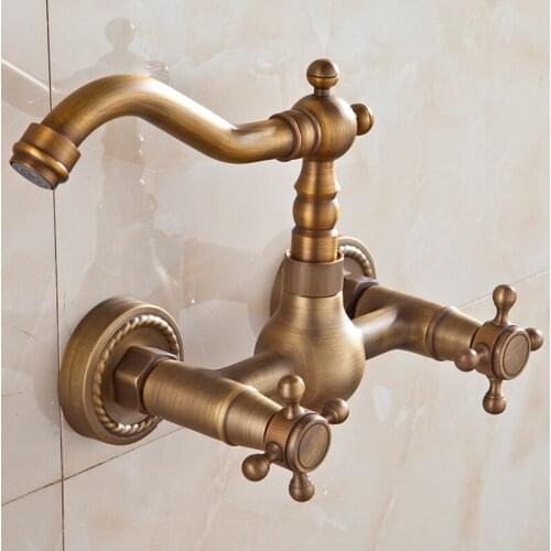 Brass antique bathroom in wall faucet hot and cold kitchen faucet, Copper retro dual hanler bathtub faucet mixer water vintage